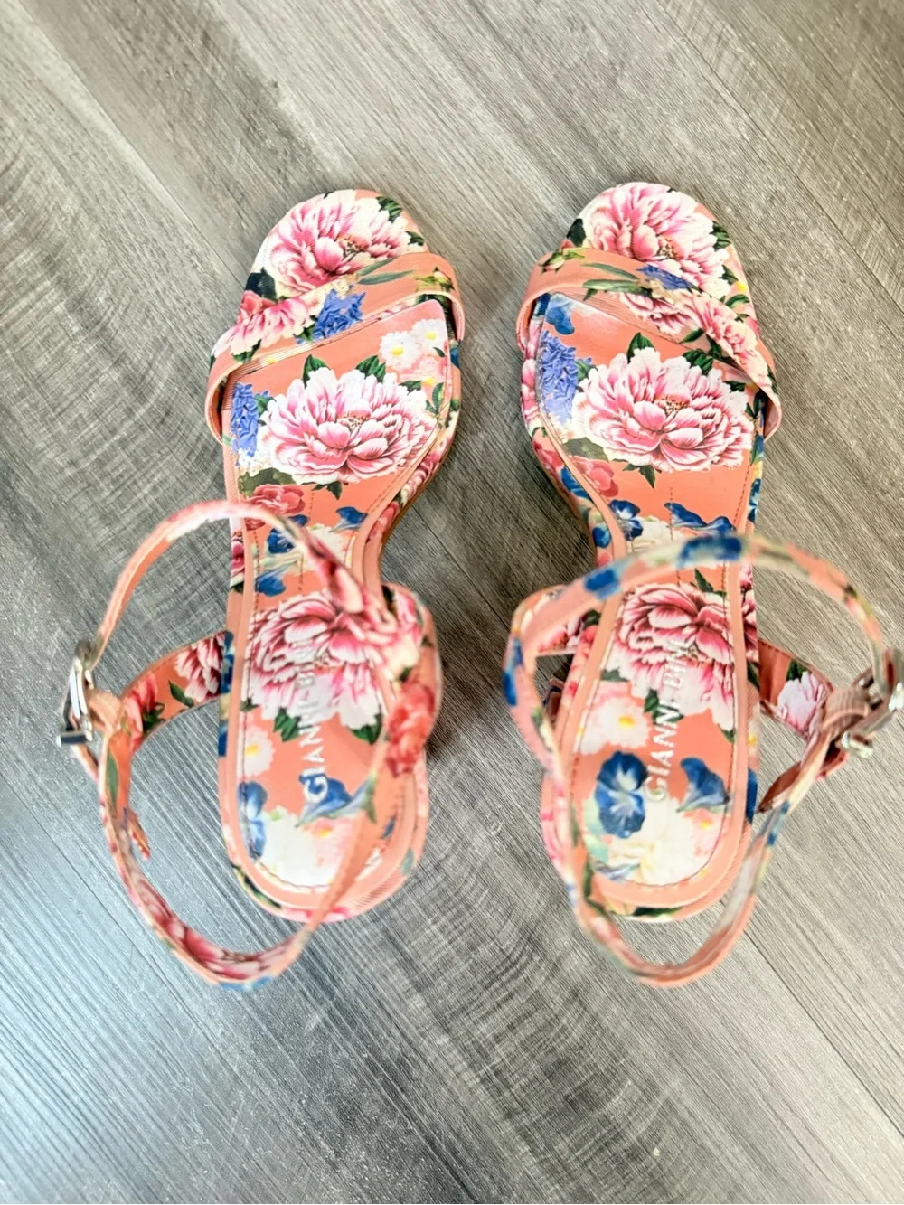 Floral Pink Peach Block Heel Sandals with Ankle Strap